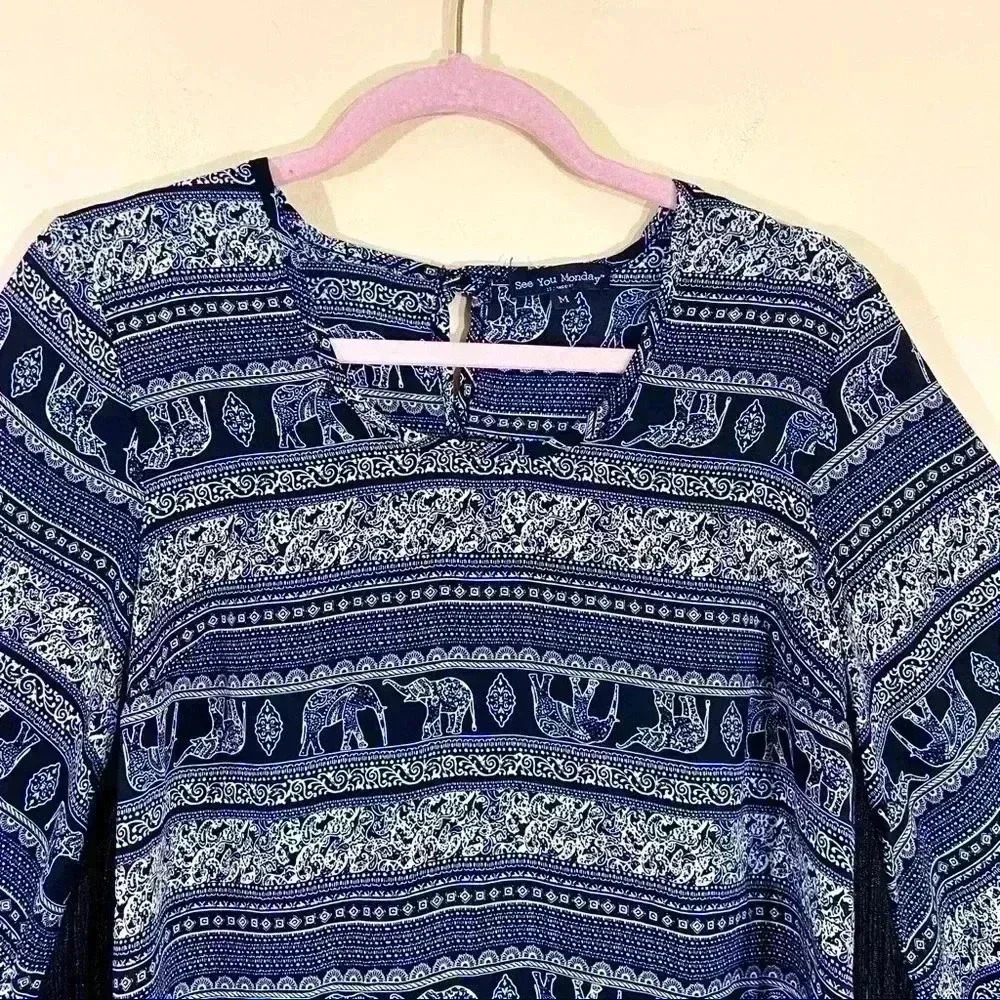 See You Monday Fringed Bell Sleeve Elephant Safari Boho Crop Back Split Top (M) - Picture 2 of 15